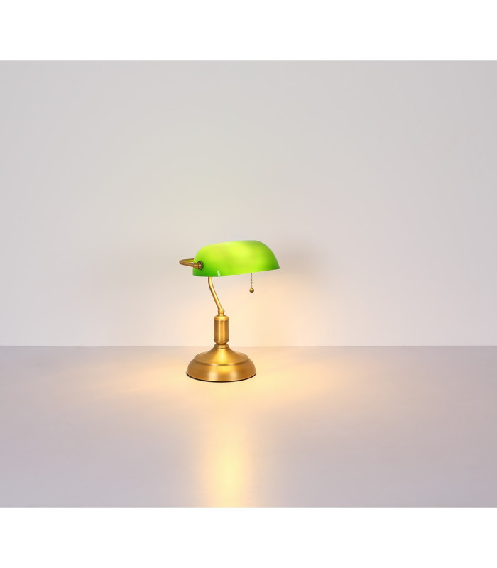 Antique Bankers Table Lamp Old Brass Green Glass Shade 1x E27-6