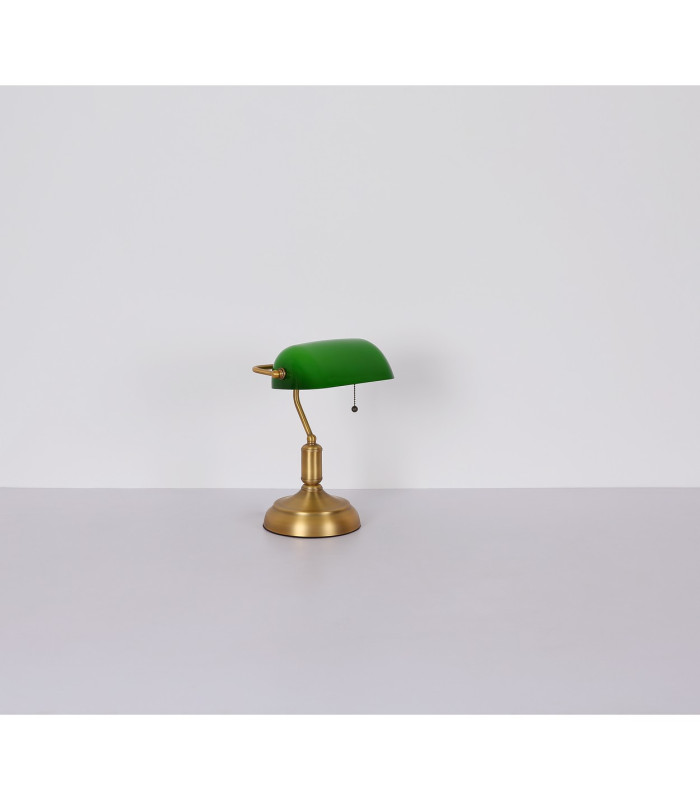 Antique Bankers Table Lamp Old Brass Green Glass Shade 1x E27-7