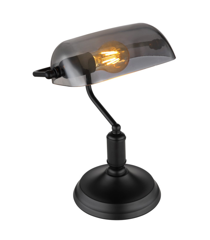 Antique Bankers Table Lamp Matt Black Smoke Glass Shade 1x E27-1