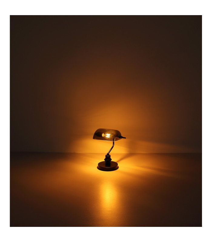 Antique Bankers Table Lamp Matt Black Smoke Glass Shade 1x E27-4