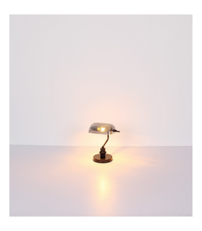 Antique Bankers Table Lamp Matt Black Smoke Glass Shade 1x E27-5