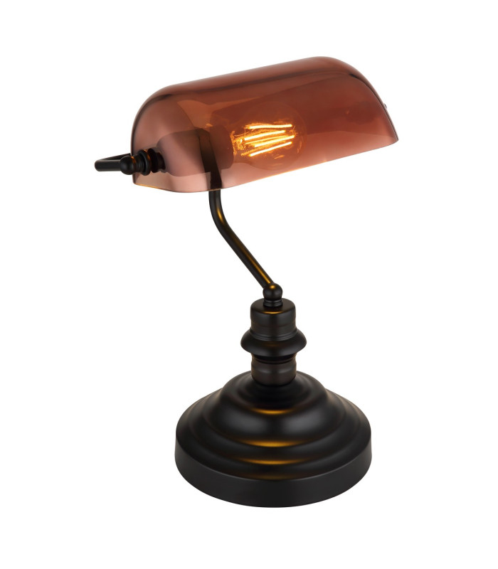 Antique Bankers Table Lamp Matt Black Copper Glass Shade 1x E27-1