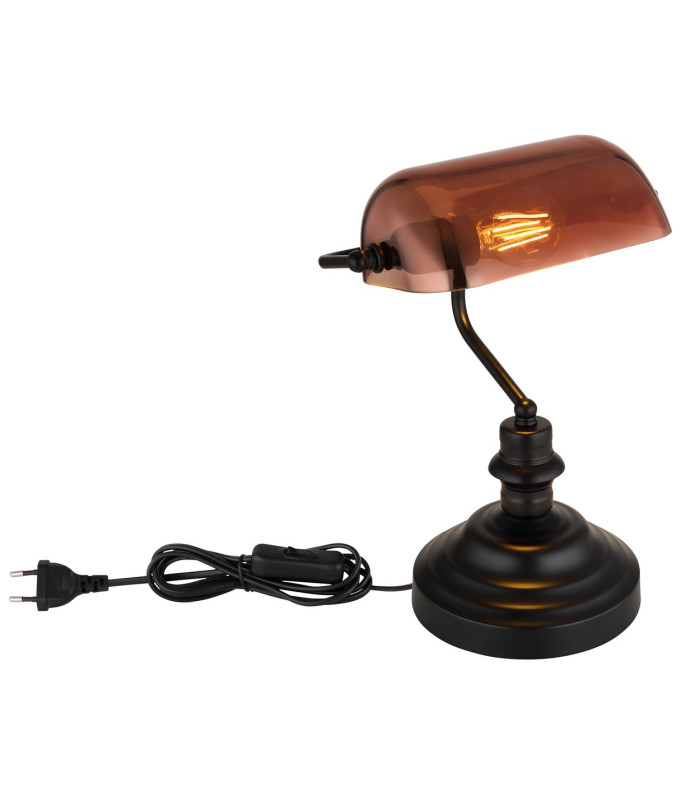 Antique Bankers Table Lamp Matt Black Copper Glass Shade 1x E27-3