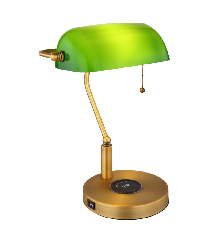 Antique Bankers Table Lamp Old Brass Green Glass Shade 1x E27 Wireless Charge-1