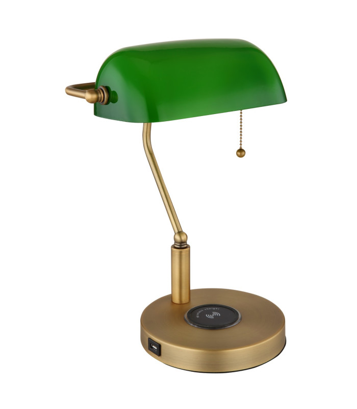 Antique Bankers Table Lamp Old Brass Green Glass Shade 1x E27 Wireless Charge-2