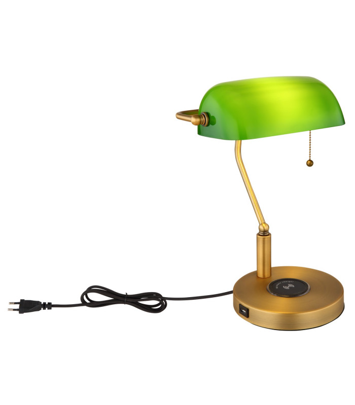 Antique Bankers Table Lamp Old Brass Green Glass Shade 1x E27 Wireless Charge-3