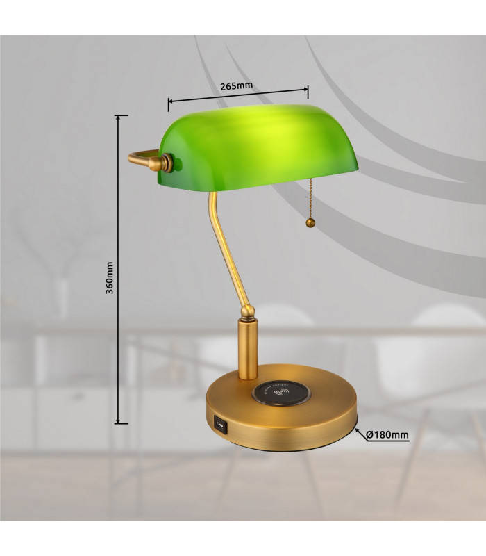 Antique Bankers Table Lamp Old Brass Green Glass Shade 1x E27 Wireless Charge-6