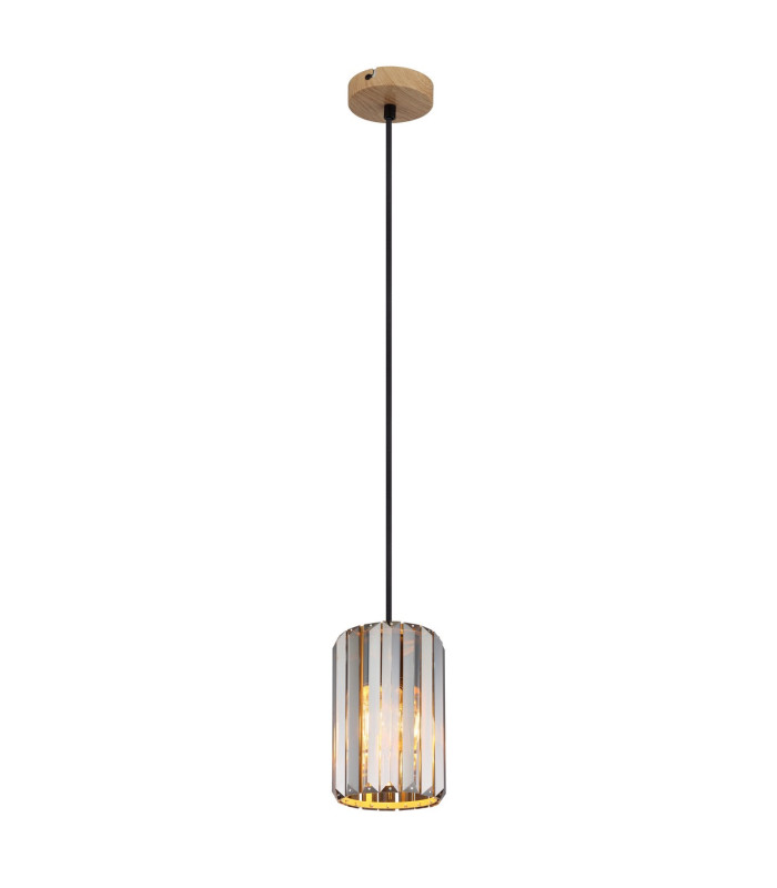 Run Slim Pendant Ceiling Light Wood Look K5 Crystals Smoke Colored 1x E27-1