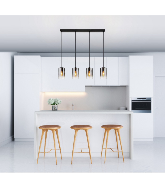 Roy Bar Pendant Ceiling Light Matt Black Smoke Glass Shade 4x E27-9