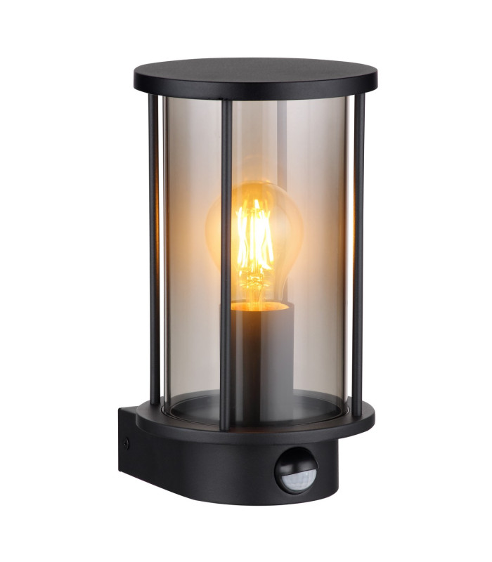 Gracey Outdoor Wall Lantern Matt Black IP54 Smoke Glass Shade 1x E27 Dawn Dusk Sensor-1