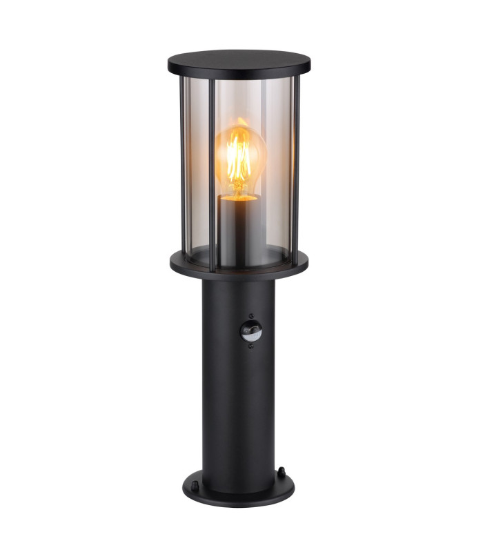Gracey Outdoor Pedestal Light Matt Black IP54 Smoke Glass Shade 1x E27 Dawn Dusk Sensor-1