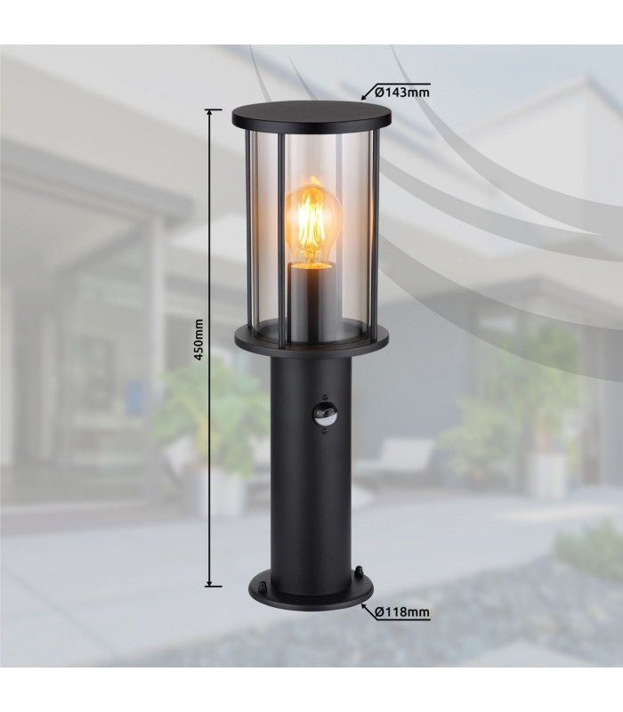 Gracey Outdoor Pedestal Light Matt Black IP54 Smoke Glass Shade 1x E27 Dawn Dusk Sensor-8