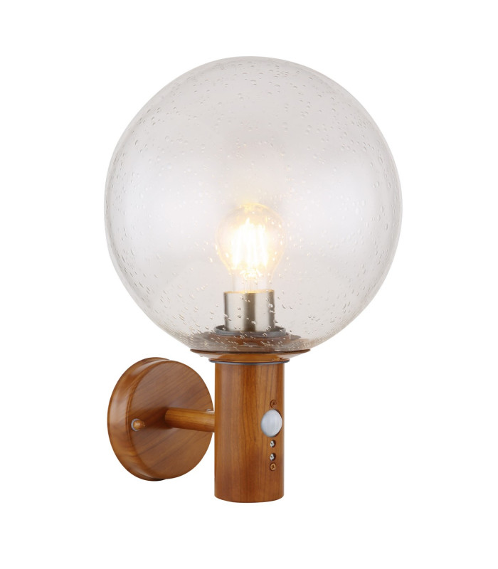 Ossy PIR Globe Wall Lights Wood Look IP44 Clear With Air Bubbles Glass Shade 1x E27 Dawn Dusk Sensor-1
