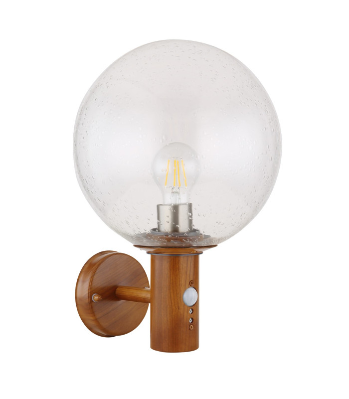 Ossy PIR Globe Wall Lights Wood Look IP44 Clear With Air Bubbles Glass Shade 1x E27 Dawn Dusk Sensor-2