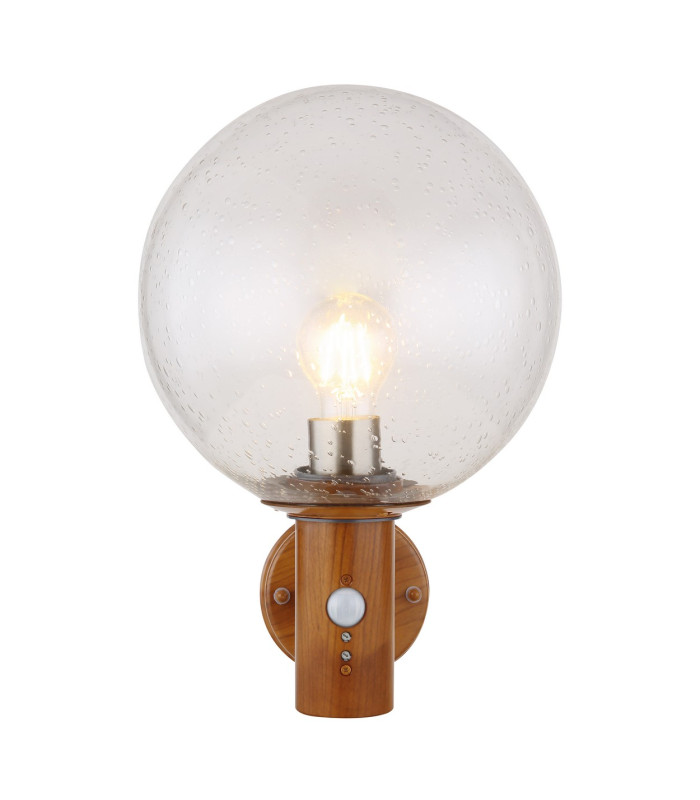 Ossy PIR Globe Wall Lights Wood Look IP44 Clear With Air Bubbles Glass Shade 1x E27 Dawn Dusk Sensor-3