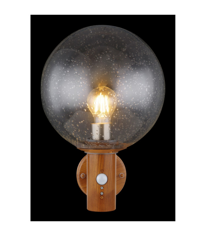 Ossy PIR Globe Wall Lights Wood Look IP44 Clear With Air Bubbles Glass Shade 1x E27 Dawn Dusk Sensor-5