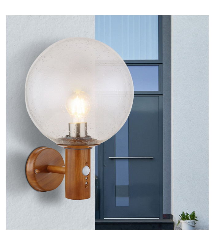 Ossy PIR Globe Wall Lights Wood Look IP44 Clear With Air Bubbles Glass Shade 1x E27 Dawn Dusk Sensor-6