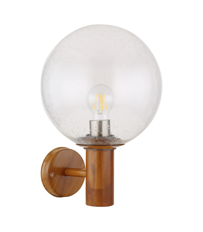 Ossy Globe Wall Lights Wood Look IP44 Clear With Air Bubbles Glass Shade 1x E27-2