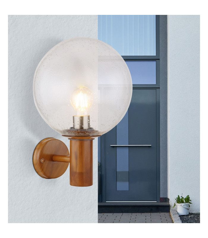 Ossy Globe Wall Lights Wood Look IP44 Clear With Air Bubbles Glass Shade 1x E27-6