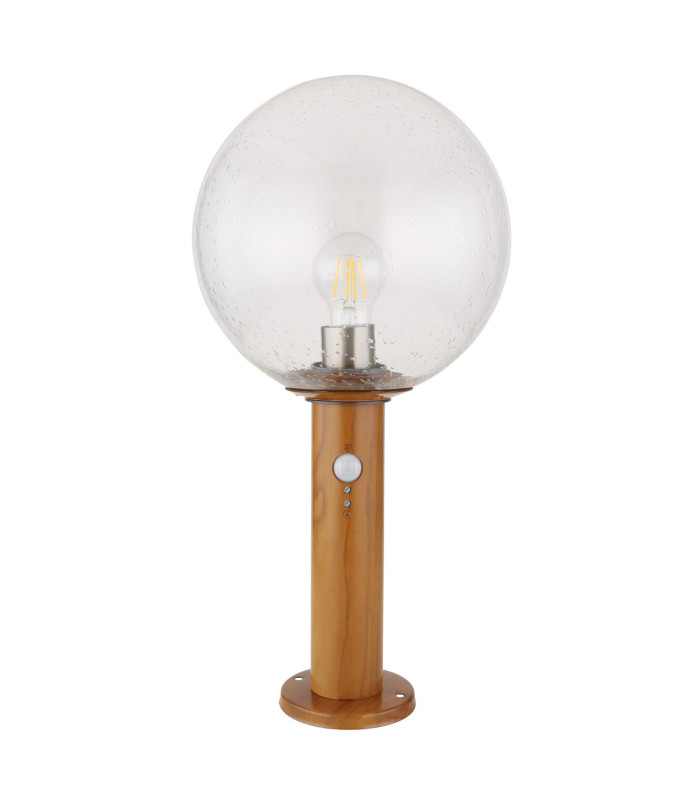 Ossy PIR Outdoor Pedestal Light Wood Look IP44 Clear Glass Shade 1x E27 Dawn Dusk Sensor-2