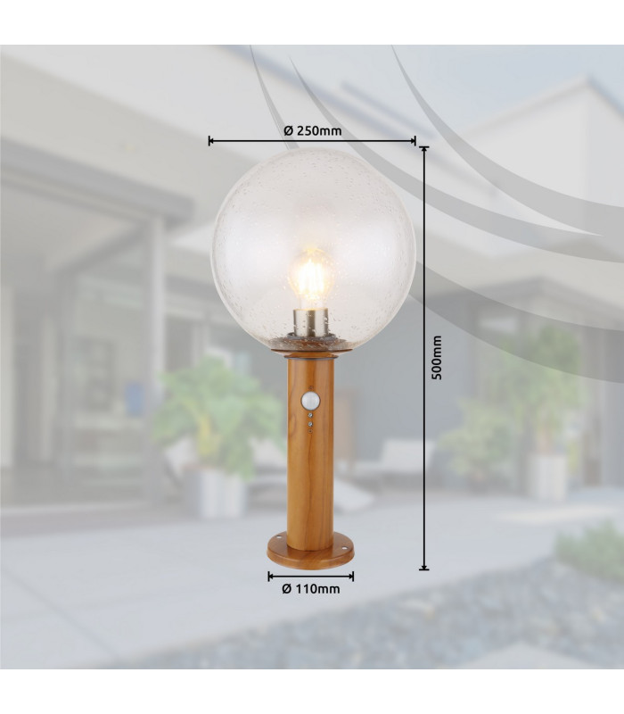 Ossy PIR Outdoor Pedestal Light Wood Look IP44 Clear Glass Shade 1x E27 Dawn Dusk Sensor-9