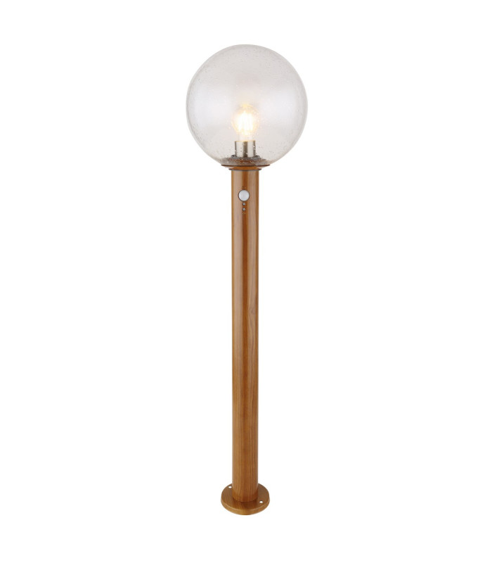 Ossy PIR Outdoor Bollard Wood Look IP44 Clear Glass Shade 1x E27 Dawn Dusk Sensor-1