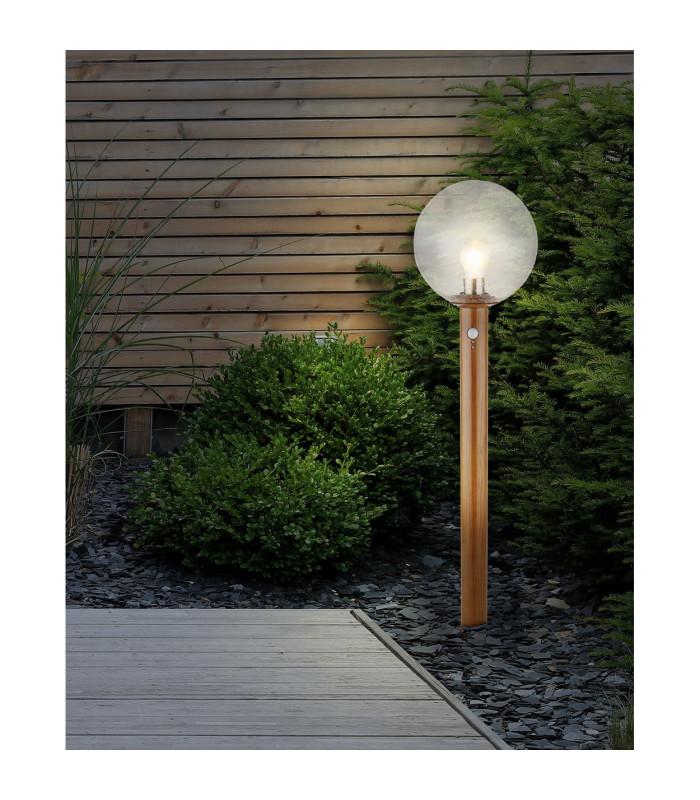 Ossy PIR Outdoor Bollard Wood Look IP44 Clear Glass Shade 1x E27 Dawn Dusk Sensor-5