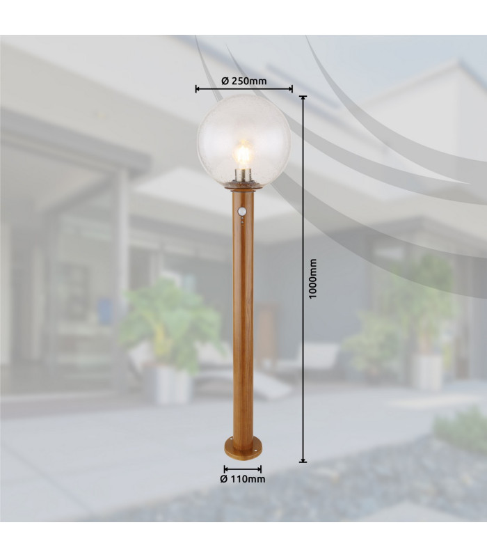 Ossy PIR Outdoor Bollard Wood Look IP44 Clear Glass Shade 1x E27 Dawn Dusk Sensor-7