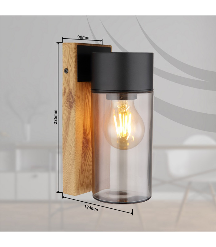 Etsi Outdoor Wall Lantern Wood Look Dark IP44 Smoke Glass Shade 1x E27-7