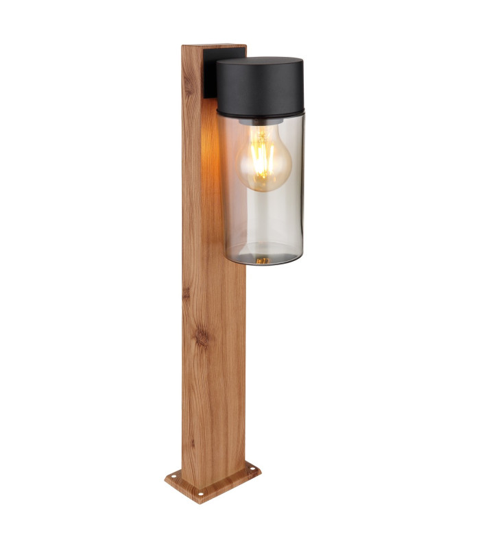 Etsi Outdoor Pedestal Light Wood Look Dark IP44 Smoke Glass Shade 1x E27-1