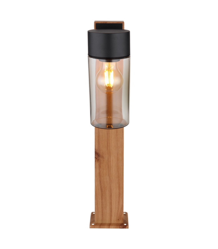 Etsi Outdoor Pedestal Light Wood Look Dark IP44 Smoke Glass Shade 1x E27-3