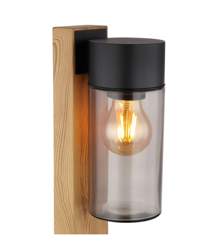 Etsi Outdoor Pedestal Light Wood Look Dark IP44 Smoke Glass Shade 1x E27-4