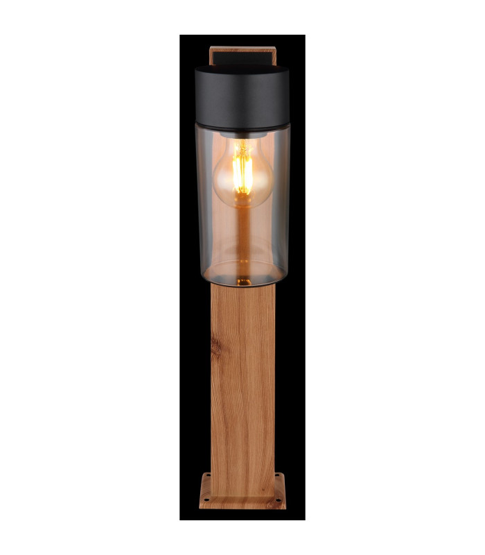 Etsi Outdoor Pedestal Light Wood Look Dark IP44 Smoke Glass Shade 1x E27-6