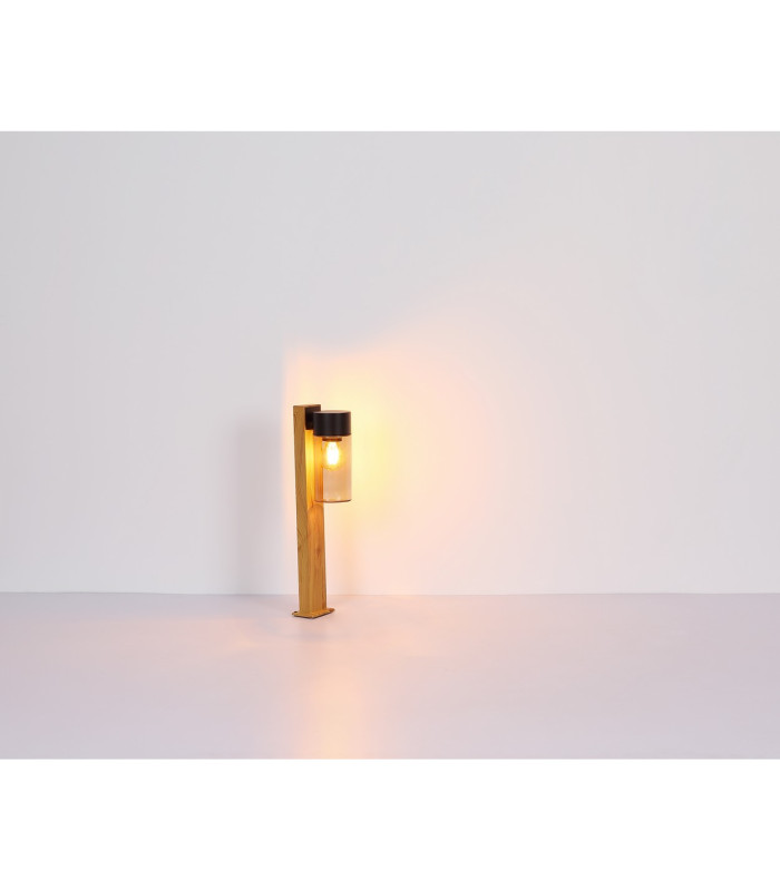 Etsi Outdoor Pedestal Light Wood Look Dark IP44 Smoke Glass Shade 1x E27-8