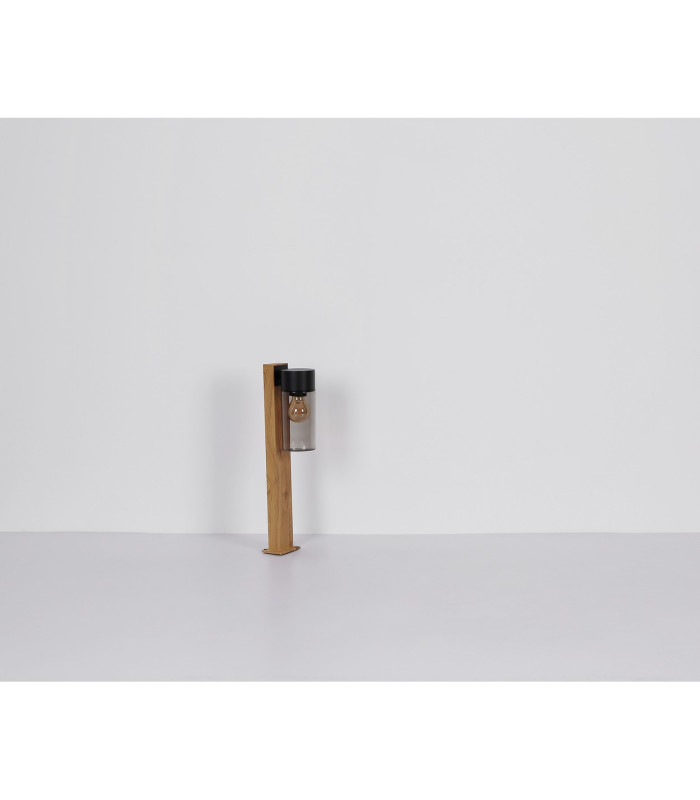 Etsi Outdoor Pedestal Light Wood Look Dark IP44 Smoke Glass Shade 1x E27-9