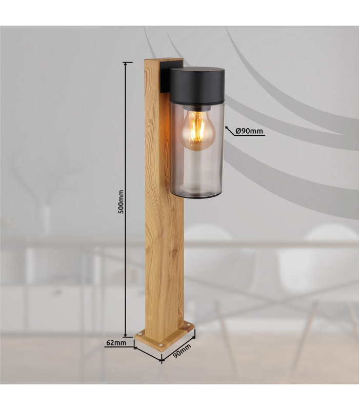 Etsi Outdoor Pedestal Light Wood Look Dark IP44 Smoke Glass Shade 1x E27-11