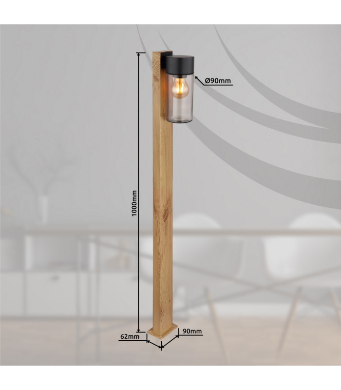 Etsi Outdoor Bollard Wood Look Dark IP44 Smoke Glass Shade 1x E27-8