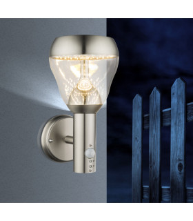 Monte PIR Outdoor Modern Wall Lamp Stainless Steel IP44 Clear Glass Shade LED 3000K Dawn Dusk Sensor
