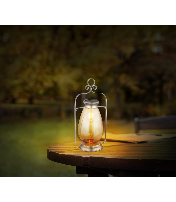 Solarleuchte Outdoor Portable Lamp Silver Colored Antique IP44 Amber Glass Shade LED 3000K-5