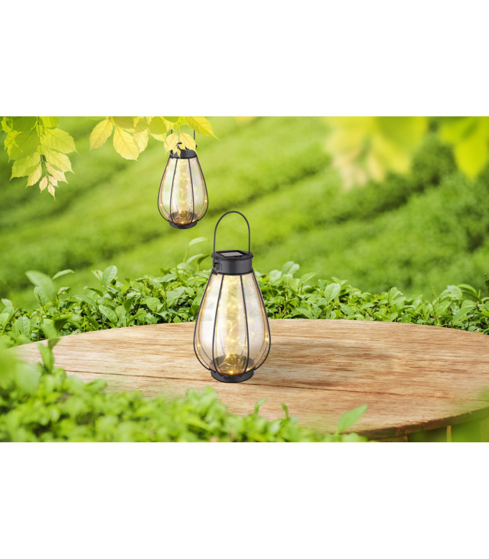 Solarleuchte Outdoor Portable Lamp Matt Black IP44 Amber Glass Shade 40x LED 3000K-5