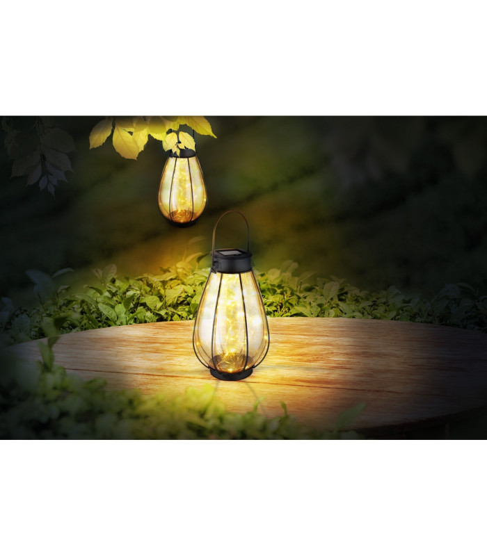 Solarleuchte Outdoor Portable Lamp Matt Black IP44 Amber Glass Shade 40x LED 3000K-6