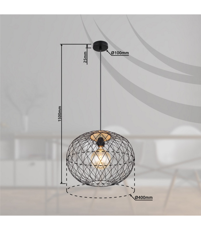 Lacky Wire Frame Pendant Ceiling Light Matt Black 1x E27-10