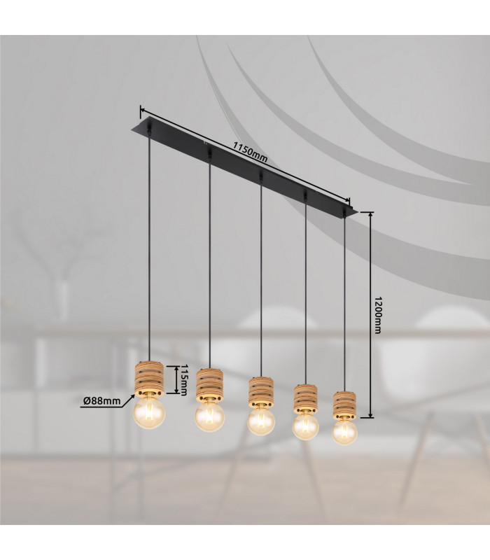 Angeline Bar Pendant Ceiling Light Matt Black 5x E27-9