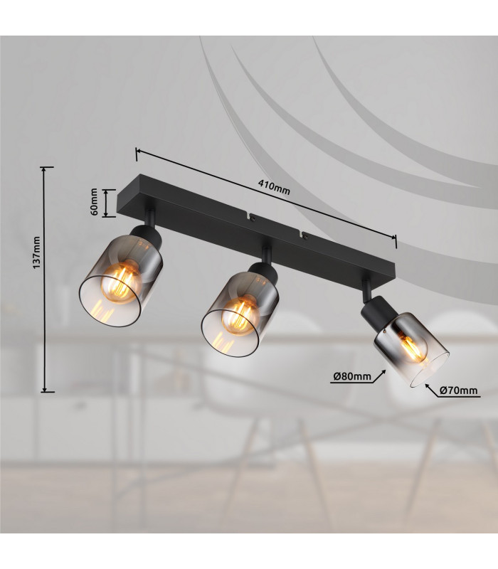 Hubertus Ceiling Spotlight Bar Matt Black Smoke Glass Shade 3x E14-8