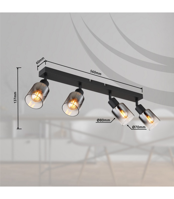 Hubertus Ceiling Spotlight Bar Matt Black Smoke Glass Shade 4x E14-9
