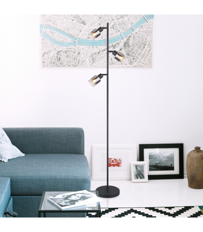 Hubertus Multi Arm Floor Lamp Matt Black Smoke Glass Shade 3x E14-9