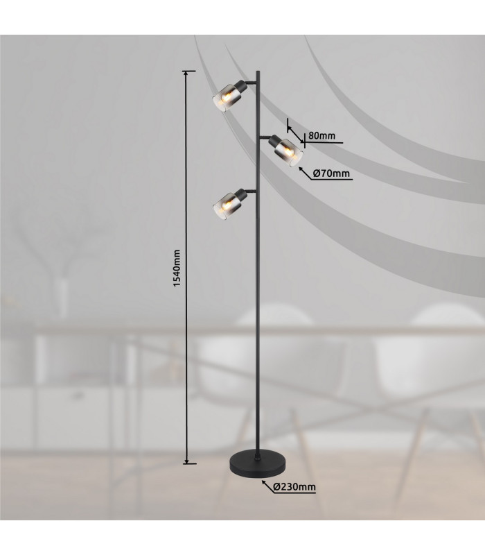 Hubertus Multi Arm Floor Lamp Matt Black Smoke Glass Shade 3x E14-10
