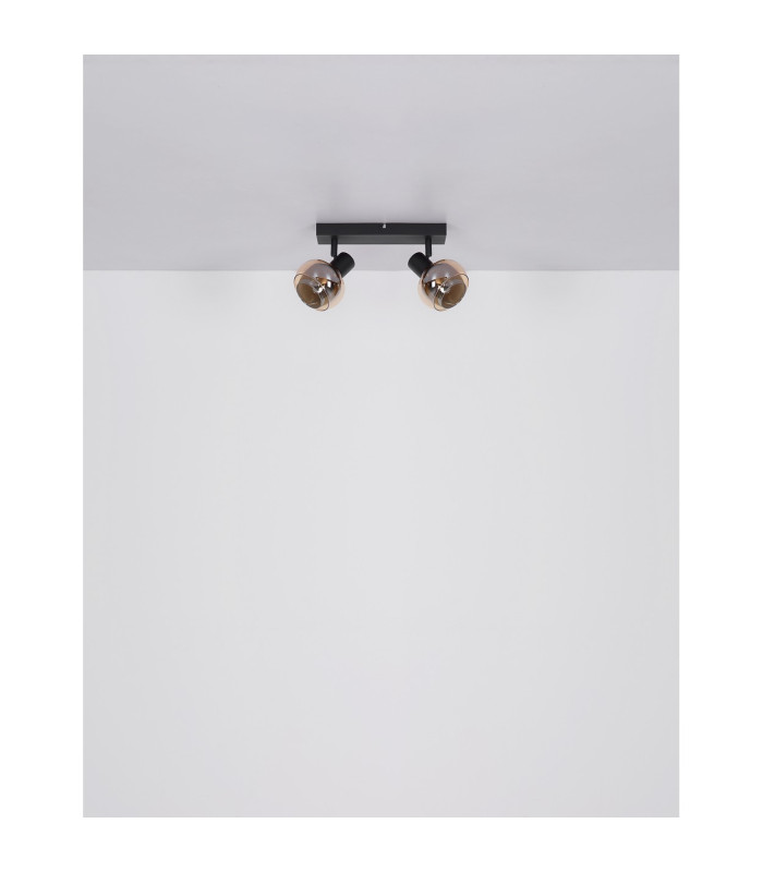 Tokki Twin Ceiling Spotlight Matt Black Amber Glass Shade 2x E14-9