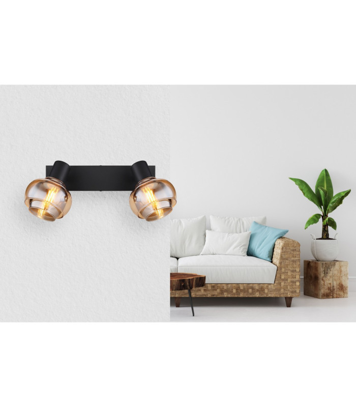 Tokki Twin Ceiling Spotlight Matt Black Amber Glass Shade 2x E14-10
