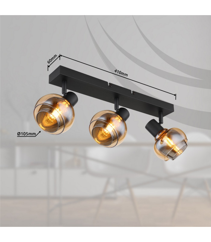 Tokki Ceiling Spotlight Bar Matt Black Amber Glass Shade 3x E14-8